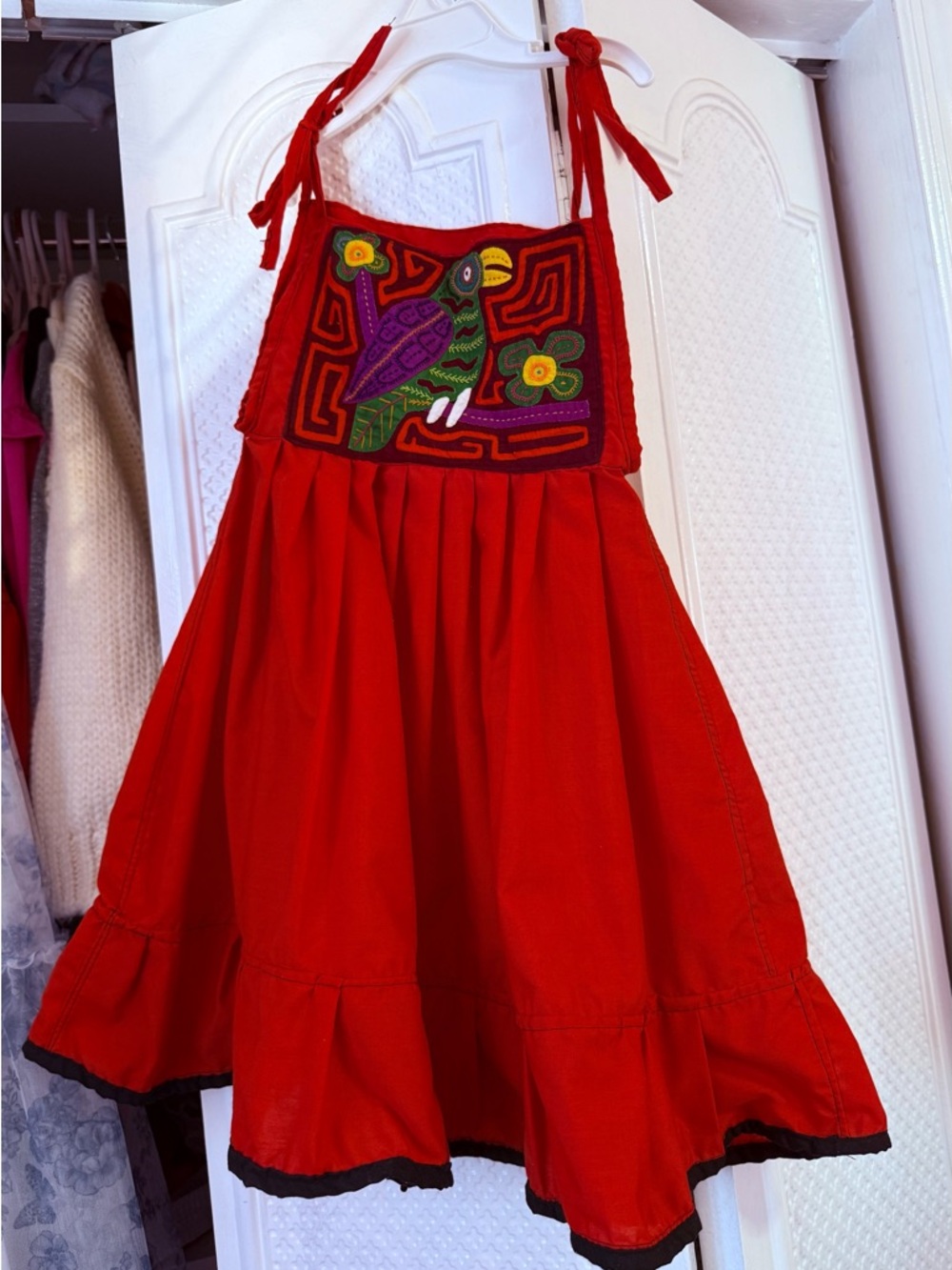 Panama Toddler Red Embroidered Parrot Tie-Strap Dress